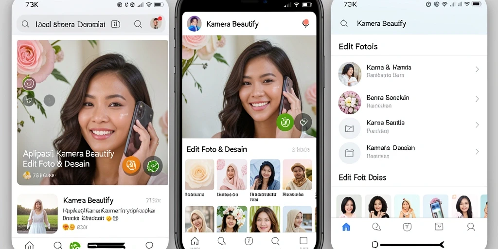 Screenshot aplikasi 73K menunjukkan antarmuka edit yang elegan dan fungsi Kamera Beautify.