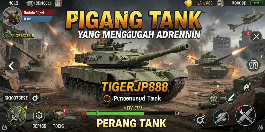 Antarmuka permainan <strong>TIGERJP88</strong> yang menampilkan pertempuran tank yang intens.