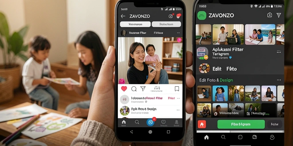 Tampilan antarmuka ZAVONZO dengan pilihan filter Instagram yang menarik.